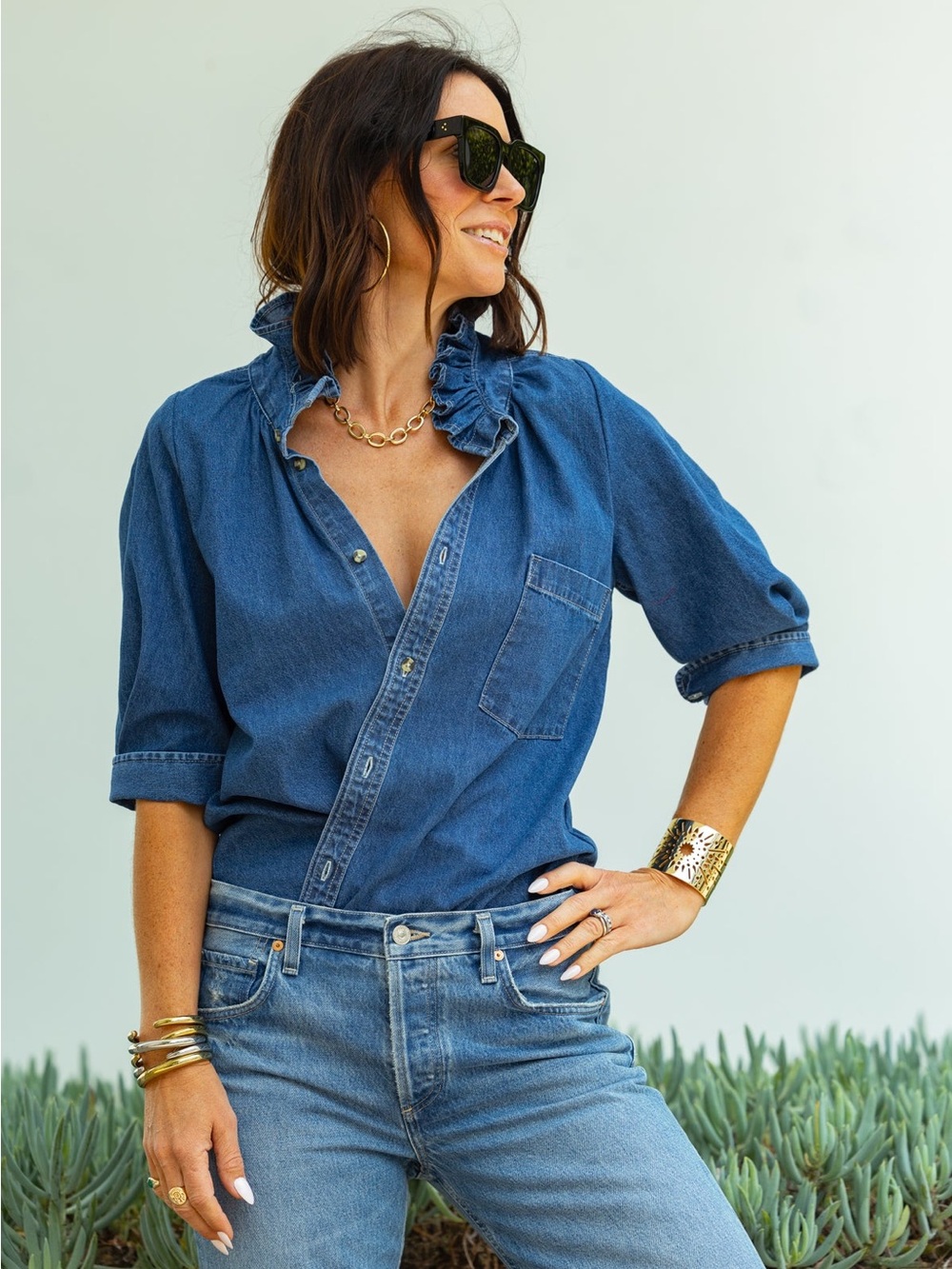 KMJ Southern Lover Denim Denim Ruffle Button-Front Shirt - Picture 5 of 10